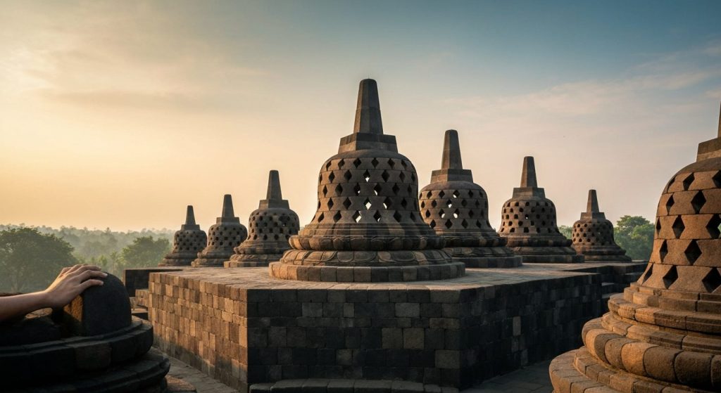 borobudur temple climb difficulty accessibility — Photorealistic editorial travel photograph relevant to: The honest, ex
