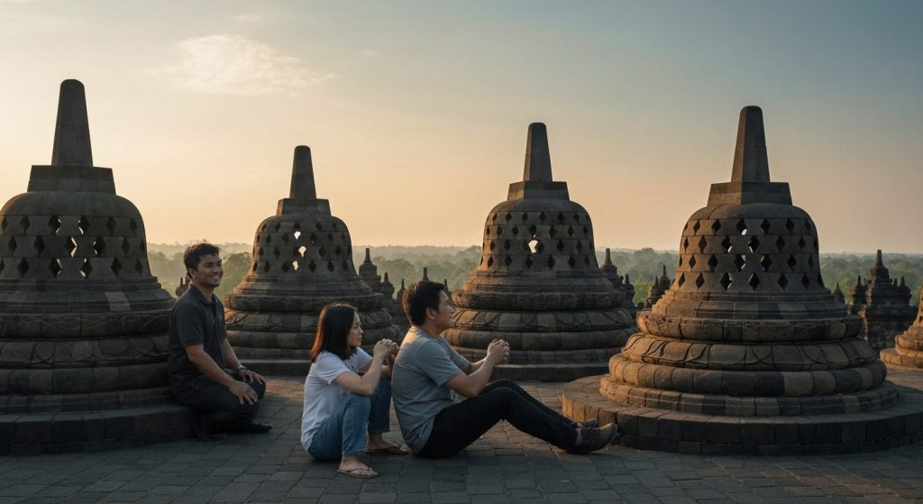 borobudur private guide vs group tour — Photorealistic editorial travel photograph relevant to: The honest, expert-plann