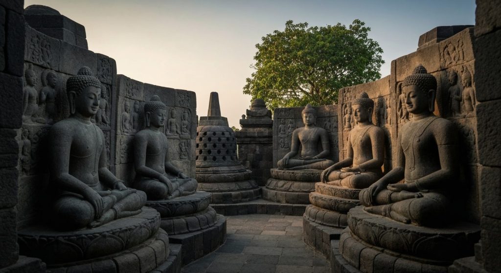 borobudur relief panels buddha statues — Photorealistic editorial travel photograph relevant to: The honest, expert-plan