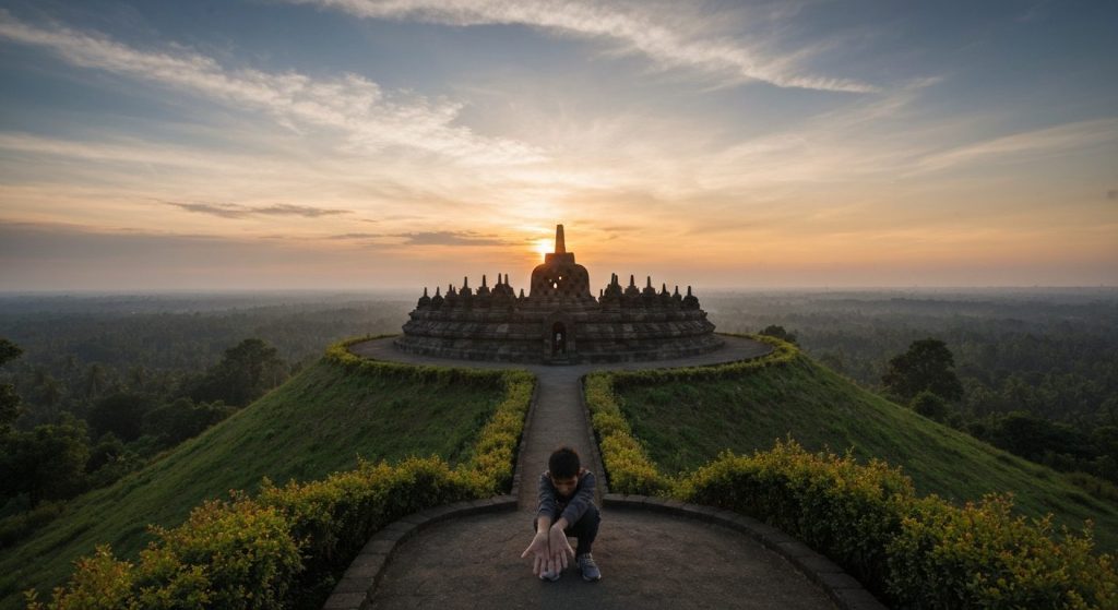 punthuk setumbu hill borobudur sunrise viewpoint — Photorealistic editorial travel photograph relevant to: The honest, e